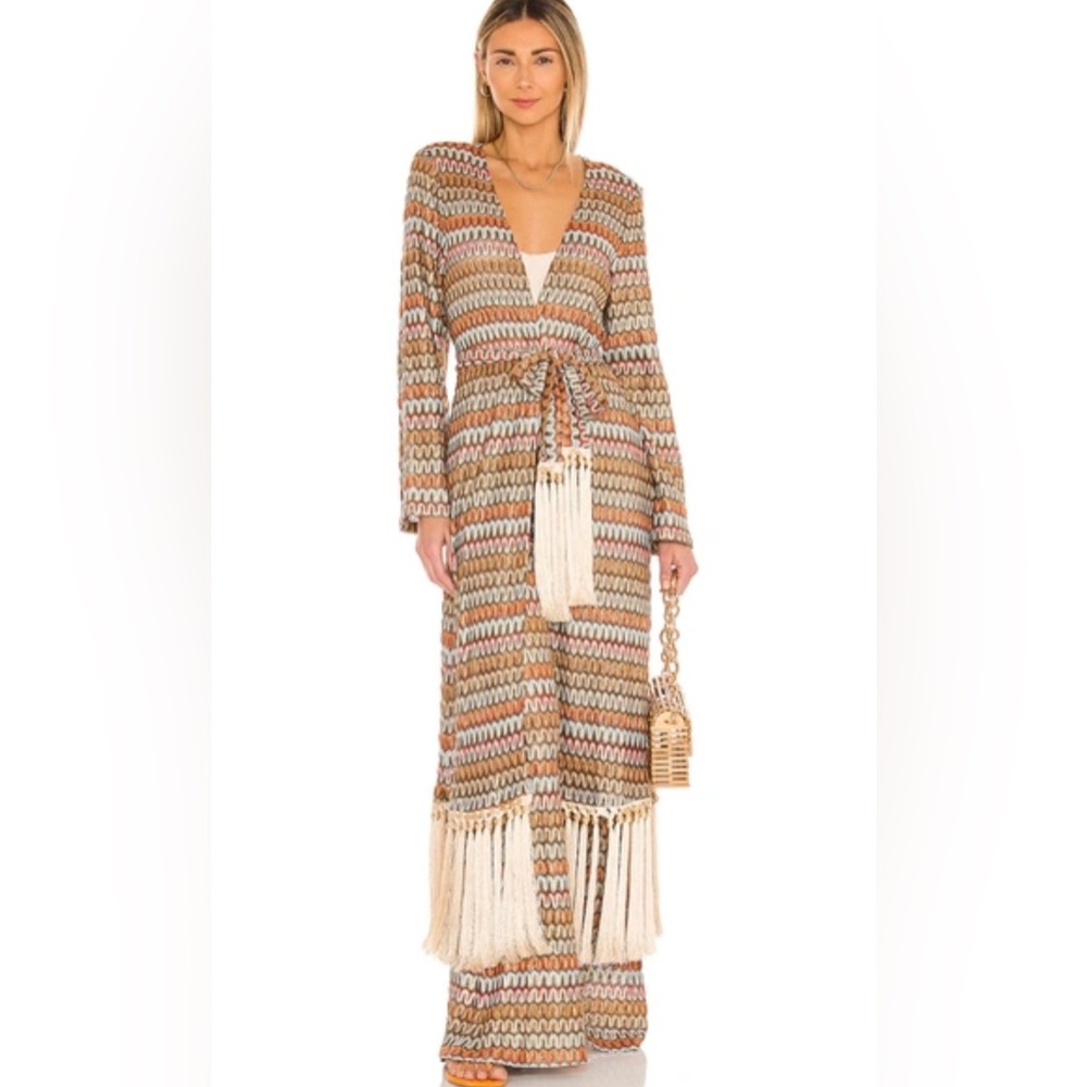 ALEXIS *Genista* brown chevron print fringe tassel robe duster dress kimono L